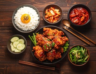 Delicious Korean Fried Chicken with Rice, Kimchi, and Various Side Dishes, Close Up