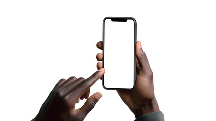 Person holding smartphone with blank screen and using finger to touch