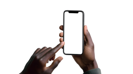 Person holding smartphone with blank screen and using finger to touch