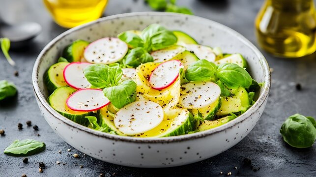 Zucchini and radish salad with basil in a bowl close up image