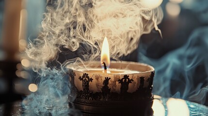 Close-up of a lit candle in an ornate holder with mesmerizing swirling smoke and a glowing flame, creating a mysterious and atmospheric scene with bokeh lights