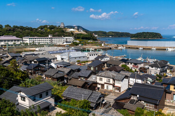 view of Hirado City and Hirado Castle from the hilltop in Nagasaki Prefecture, Japan.
