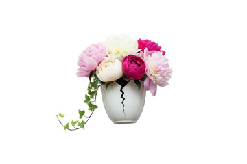 Beautiful bouquet of peonies in a white vase isolated on transparent background