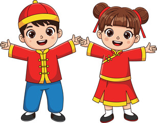 Happy children in traditional Chinese clothing, boy and girl cartoon illustration, cultural celebration, festival outfit, smiling kids, cheerful vector design