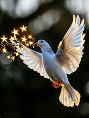 Dove spreading magic stars enchanted forest wildlife photography dreamy atmosphere close-up nature's wonder