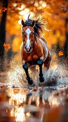 Galloping horse in autumn forest nature photography vibrant colors dynamic action close-up perspective