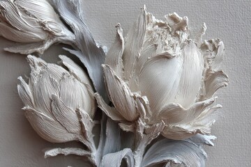 A close-up view of intricately sculpted floral art, featuring textured, light cream and gray blossoms.