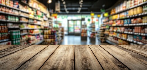 Blurred market, wooden table foreground