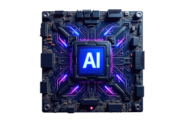 Central ai processor chip with glowing lights isolated on transparent background
