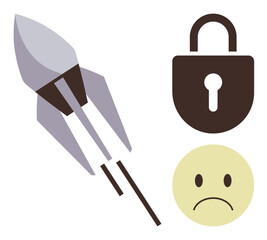 Rocket ascending, padlock symbolizing security, and sad face highlighting failure or risk. Ideal for progress, innovation, security, risk management, failure, aspiration and overcoming obstacles