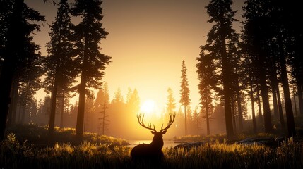 Majestic wildlife encounter stag silhouetted against a golden sunrise in tranquil forest