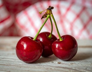 Close Up of Three Red Cherries.
