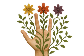 Hand with growing plants and flowers isolated on transparent background