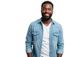 Smiling black man in denim jacket and white t-shirt posed confidently transparent background