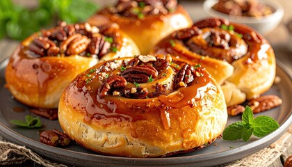 Fresh glazed pecan rolls on a plate