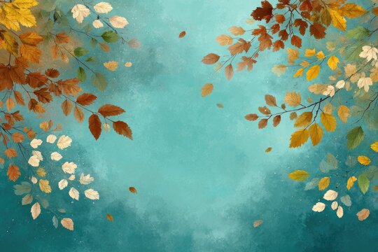 Autumn leaves frame teal backdrop
