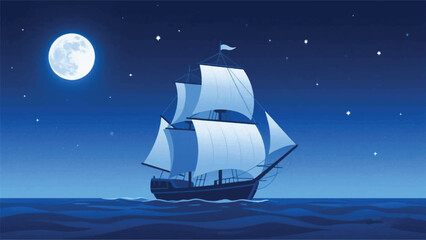 Ship Sailing in the Night Sea Illustrator Artwork Banner Background Design Template  © art88