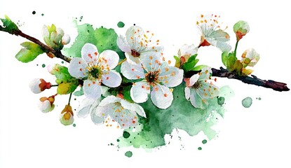 A delicate branch of spring blossoms in vibrant watercolor, showcasing the beauty of nature's springtime rebirth.