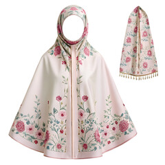 Cream Floral Prayer Dress with Pink Hijab and Tasseled Scarf islamic