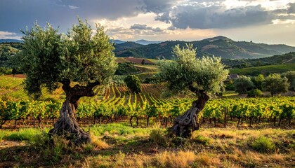 Vineyard with gnarled olive trees, sunset
