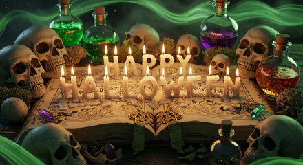 Happy Halloween text made of burning candles and dripping wax, placed on an ancient spellbook surrounded by skulls