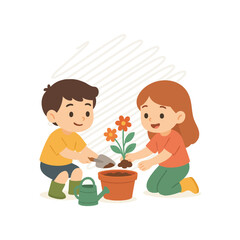 Flat Design Kids Planting Flowers on White Background