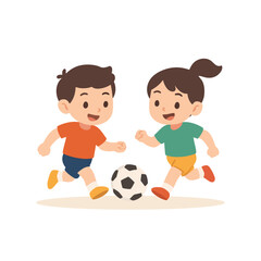 Flat Design Kids Playing Soccer on White Background