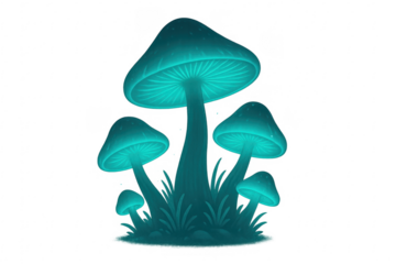 Fantasy glowing magic mushroom group illustration transparent background