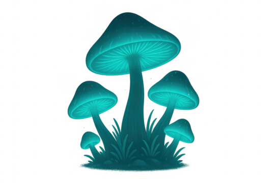 Fantasy glowing magic mushroom group illustration transparent background - Powered by Adobe