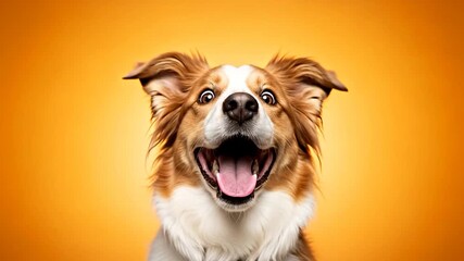 Joyful dog with open mouth and wide eyes, vibrant orange backdrop conveying energy