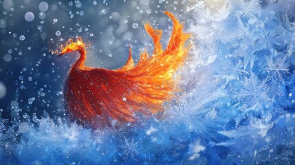 Fiery Phoenix Amidst Winter Frost: A Vibrant Contrast of Flames and Blue Ice with Sparkling Particles and Bokeh Lights