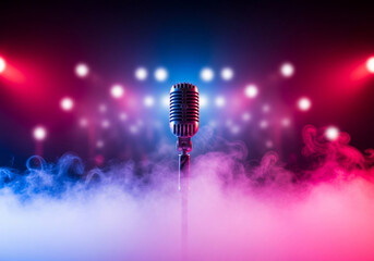 Microphone in red and blue fog on dark stage, moody performance visual background perfect for podcast branding, music marketing, concert promotion and live event ads