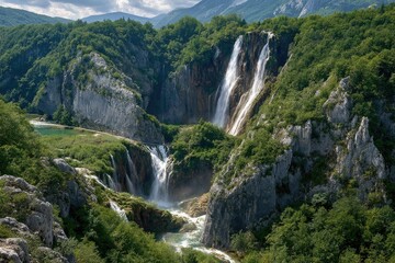 Obraz premium Majestic waterfalls cascading down rocky slopes, surrounded by lush green forests and mountains