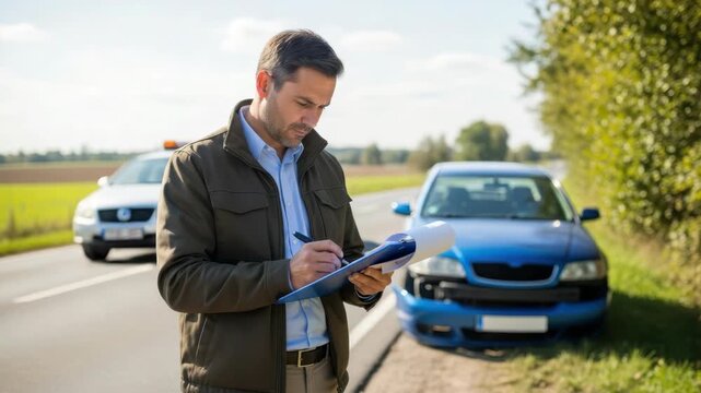 man in jacket writes on clipboard with pen by rural road A blue car with damaged front bumper is parked on the grassy shoulder implying an accident scene investigation