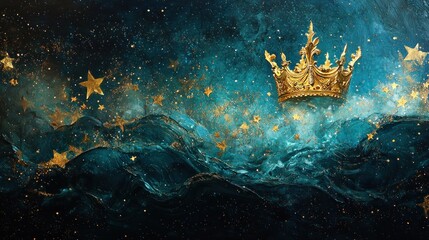 Majestic Golden Crown and Shimmering Stars on a Deep Teal and Blue Cosmic Background with Ethereal Gold Glitter and Fluid Abstract Textures