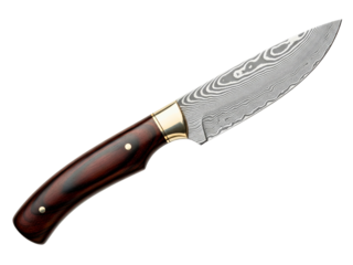 Handmade hunting knife with patterned steel blade and wood handle on a transparent background