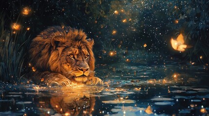 Majestic Lion in a Mystical Glowing Forest Pond at Night, Illuminated by Ethereal Fireflies and Golden Reflections