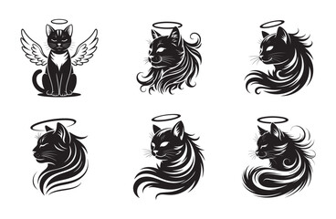 Angel Cat Silhouette Vector Set with Wings and Halo