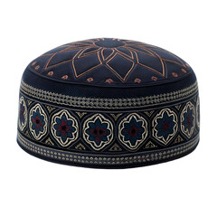 Dark Blue Kufi Hat with Gold and Red Floral and Geometric Embroidery skullcap prayer cap