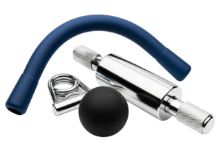 Set of hand therapy and grip strength exercise equipment on a transparent background