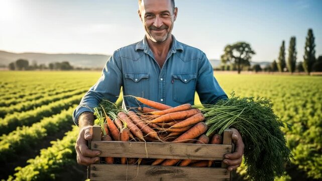 smiling farmer in denim holds rustic wooden crate overflowing with freshly harvested orange carrots some with leafy green tops in sun-drenched field