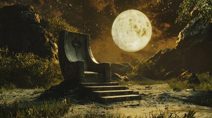 Majestic Stone Throne Under a Glowing Full Moon and Starry Night Sky in a Mystical, Ancient Landscape