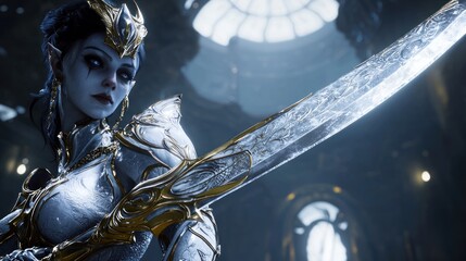Powerful Elven Warrior Queen with Glowing Sword and Ornate Silver Gold Armor in a Grand Fantasy Hall