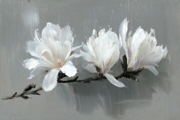 Three delicate white magnolia blossoms grace a muted gray background in a painterly style.