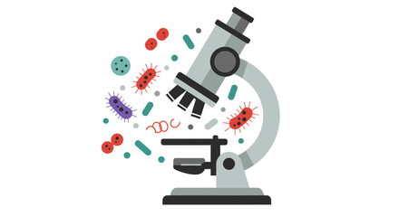 Modern science illustration of a microscope with viruses and bacteria ideal for medical research, educational materials, and healthcare campaigns