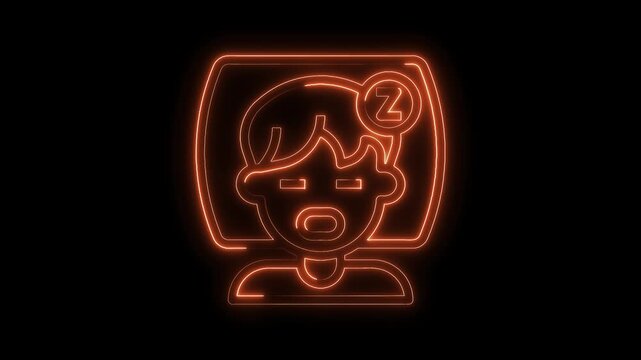 Glowing neon sign of sleeping person character with the letter z on pillow in dark background