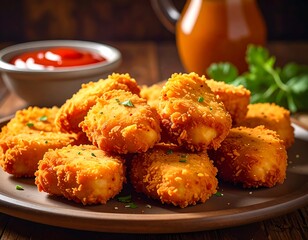 Delicious and Crispy Fried Chicken Nuggets with Sauce on a Plate