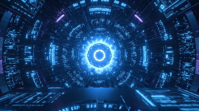 Futuristic blue glowing digital tunnel with intricate circuit patterns and a central energy core, representing advanced technology and data flow. - Powered by Adobe