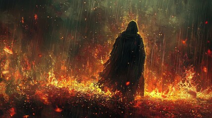 Mysterious cloaked figure stands amidst a blazing inferno and downpour, illuminated by vibrant flames and scattering sparks in an epic dark fantasy digital artwork.