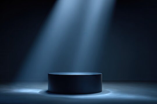 Abstract cylindrical podium illuminated by a spotlight against a dark backdrop